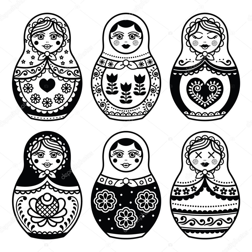 Matryoshka, Russian doll icons set