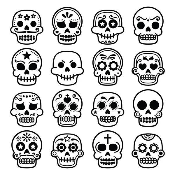 Halloween, Caveira de açúcar mexicano, Dia de los Muertos - ícones dos desenhos animados — Vetor de Stock