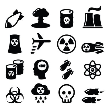 Nükleer silah, nükleer fabrika, savaş, bomba Icons set