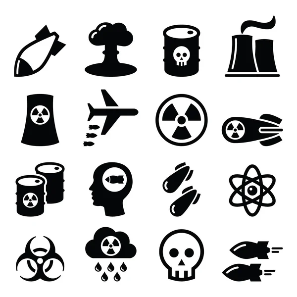 Nucleair wapen, nucleaire fabriek, oorlog, bommen icons set — Stockvector