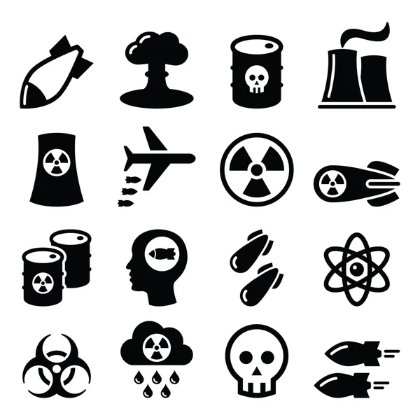 Nuclear weapon, nuclear factory, war, bombs icons set — Stock Vector