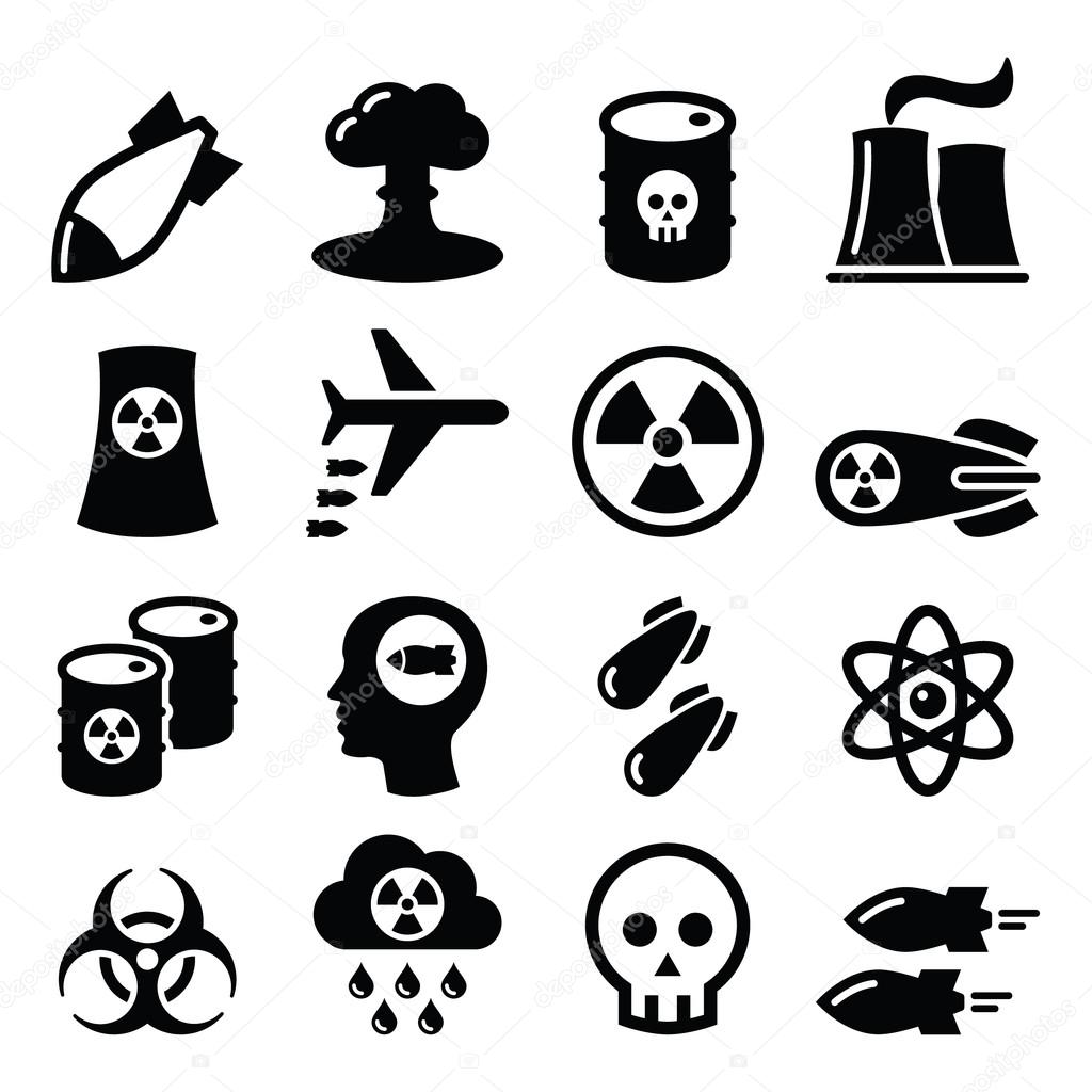 Nuclear weapon, nuclear factory, war, bombs icons set