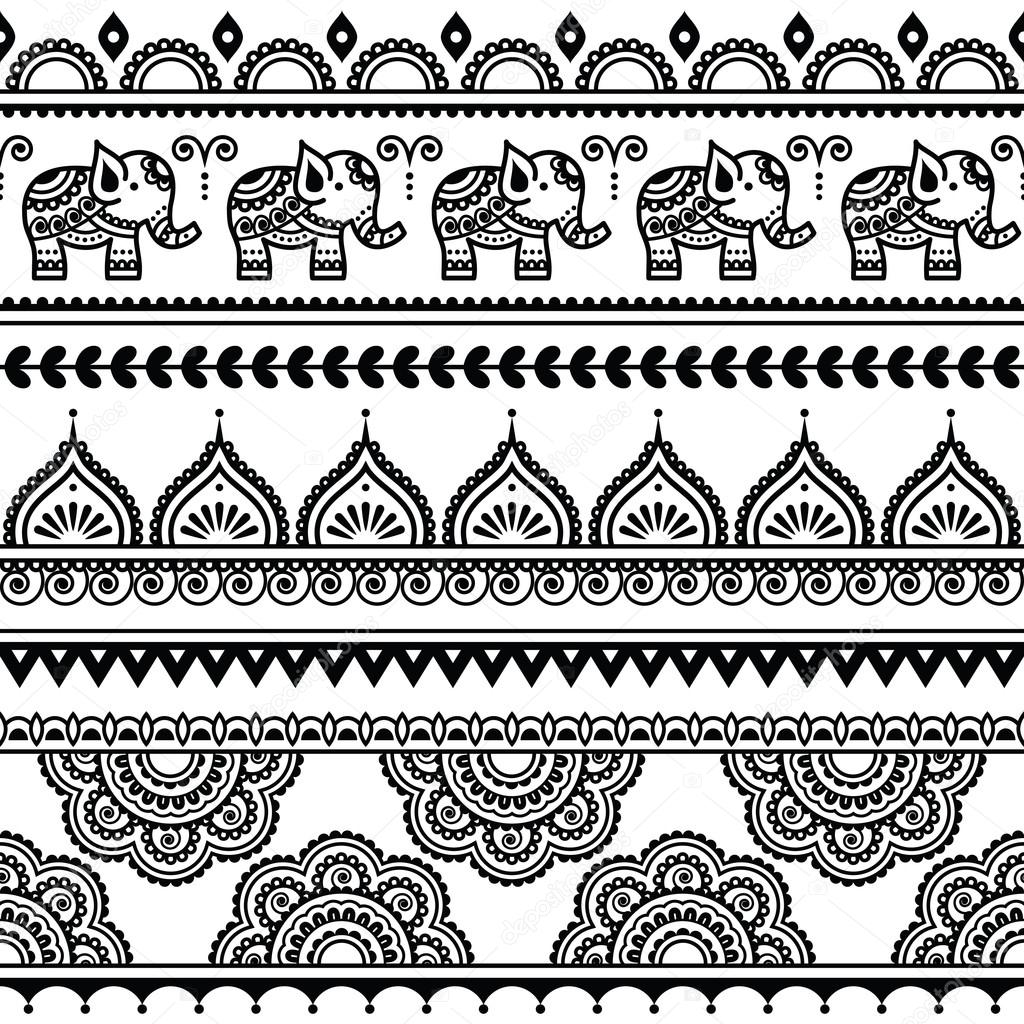 Mehndi, Indian Henna tattoo seamless pattern with elephants