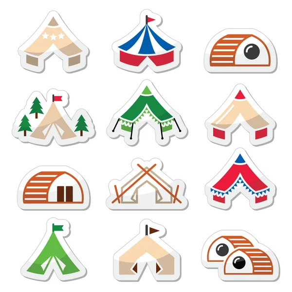 Glamping, tende da campeggio di lusso e bambù case icone set — Vettoriale Stock