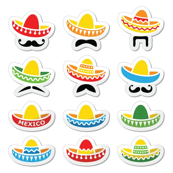 Sombrero mexicano sombrero con bigote o bigote iconos — Vector de stock