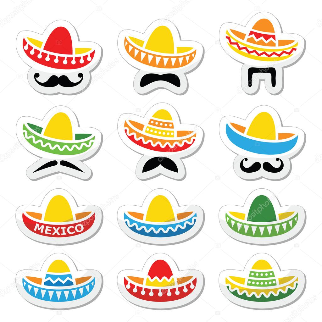 Mexican Sombrero hat with moustache or mustache icons