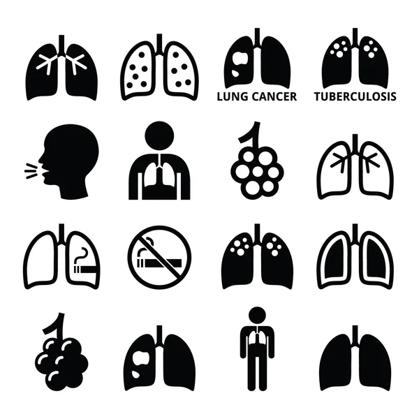 Pulmones, conjunto de iconos de enfermedades pulmonares: tuberculosis, cáncer — Archivo Imágenes Vectoriales