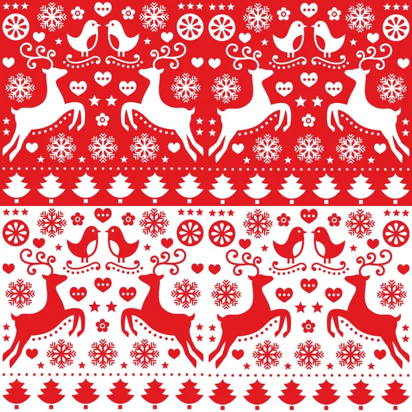Christmas seamless red pattern with reindeer - folk style — Stock Vector