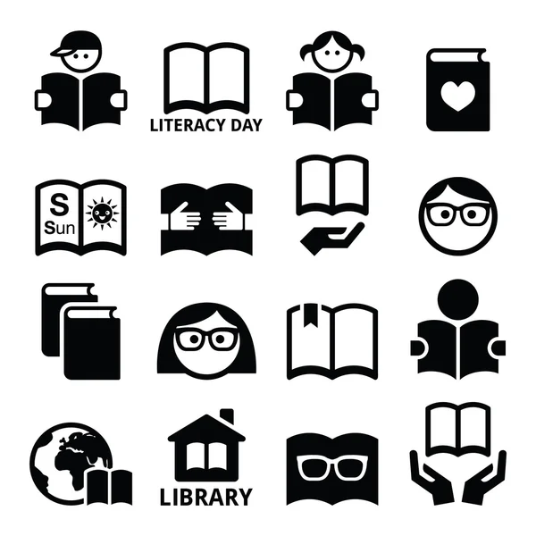 Niños y adultos leyendo libros, iconos del Día Internacional de la Alfabetización — Vector de stock