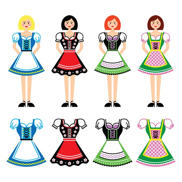 Mujeres en Dirndl - vestido tradicional usado en Alemania y Austria conjunto de iconos — Vector de stock