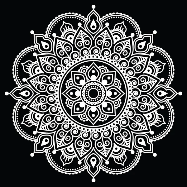 Mehndi, ινδική χέννα μοτίβο τατουάζ λευκό σε μαύρο φόντο — Διανυσματικό Αρχείο