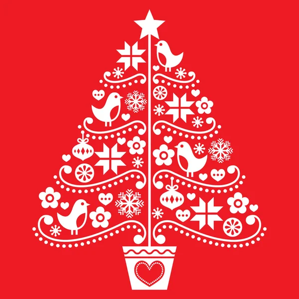 Weihnachtsbaumdesign - volkstümlicher Stil mit Vögeln, Blumen und Schneeflocken — Stockvektor