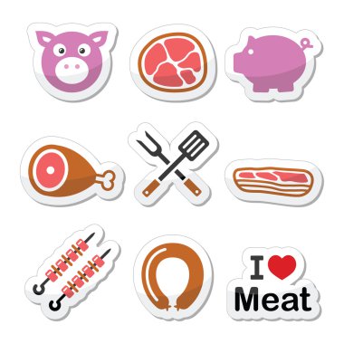Domuz, domuz eti - jambon ve domuz pastırması Icons set etiketleri