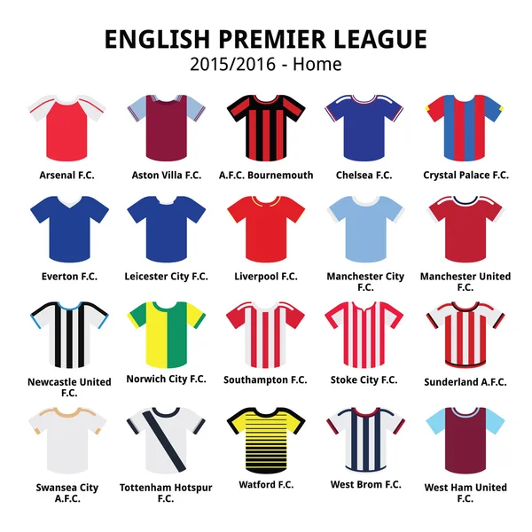 Anglická Premier League 2015-2016 fotbal nebo fotbalové dresy ikony nastavit — Stockový vektor