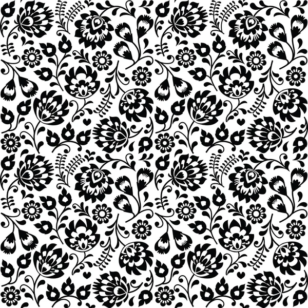 Patrón floral negro de arte popular polaco inconsútil - wzory lowickie, wycinanki — Vector de stock