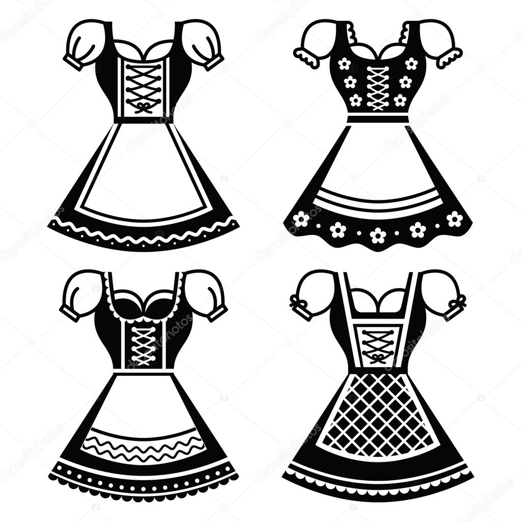 Dirndl - traditional dress worn in Germany and Austria icons set