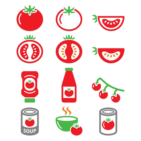 Rode tomaat, ketchup, tomaten soep icons set — Stockvector