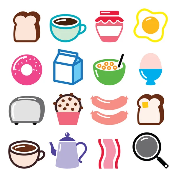 Conjunto de iconos de vectores de comida de desayuno - tostadas, huevos, tocino, café — Vector de stock