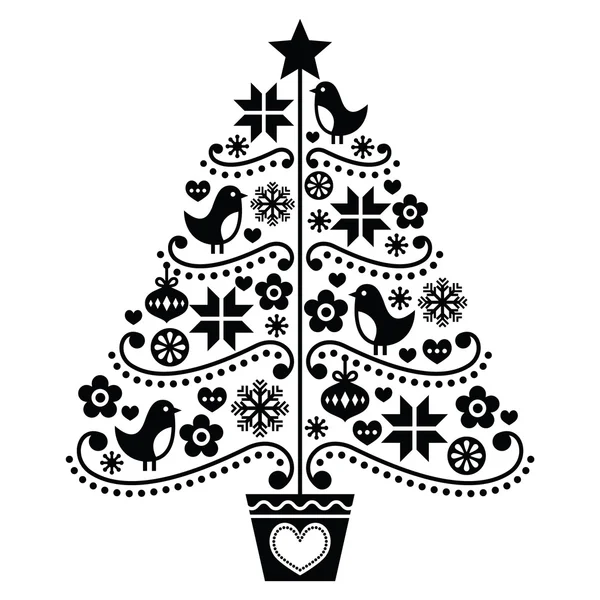 Design brad de Crăciun stil popular cu păsări, flori și fulgi de zăpadă — Vector de stoc