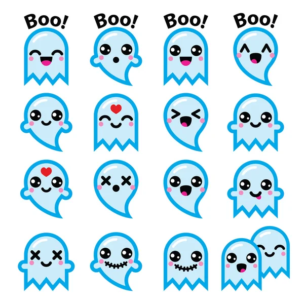 Kawaii simpatico fantasma per Halloween set di icone blu — Vettoriale Stock