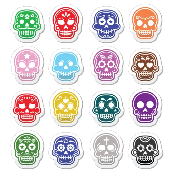 Halloween, Cráneo de azúcar mexicano, Día de los Muertos - iconos de dibujos animados — Vector de stock