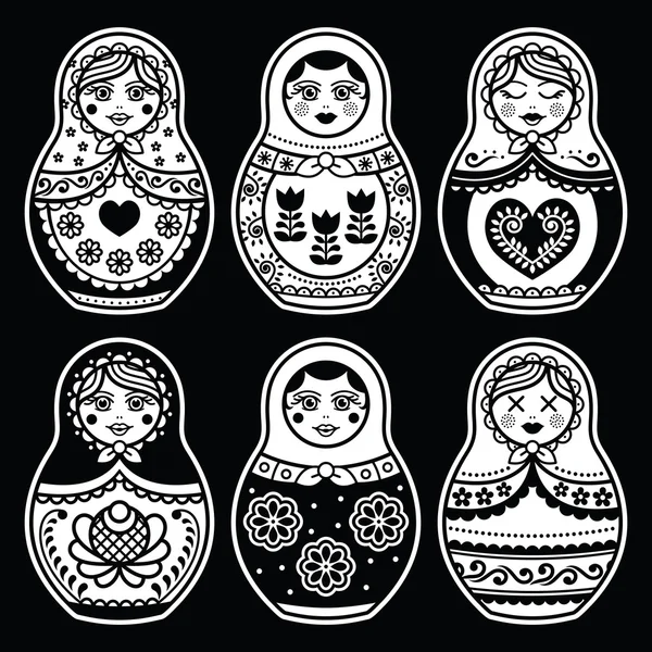 Matryoshka, Russian doll white icons set on black — Stock Vector