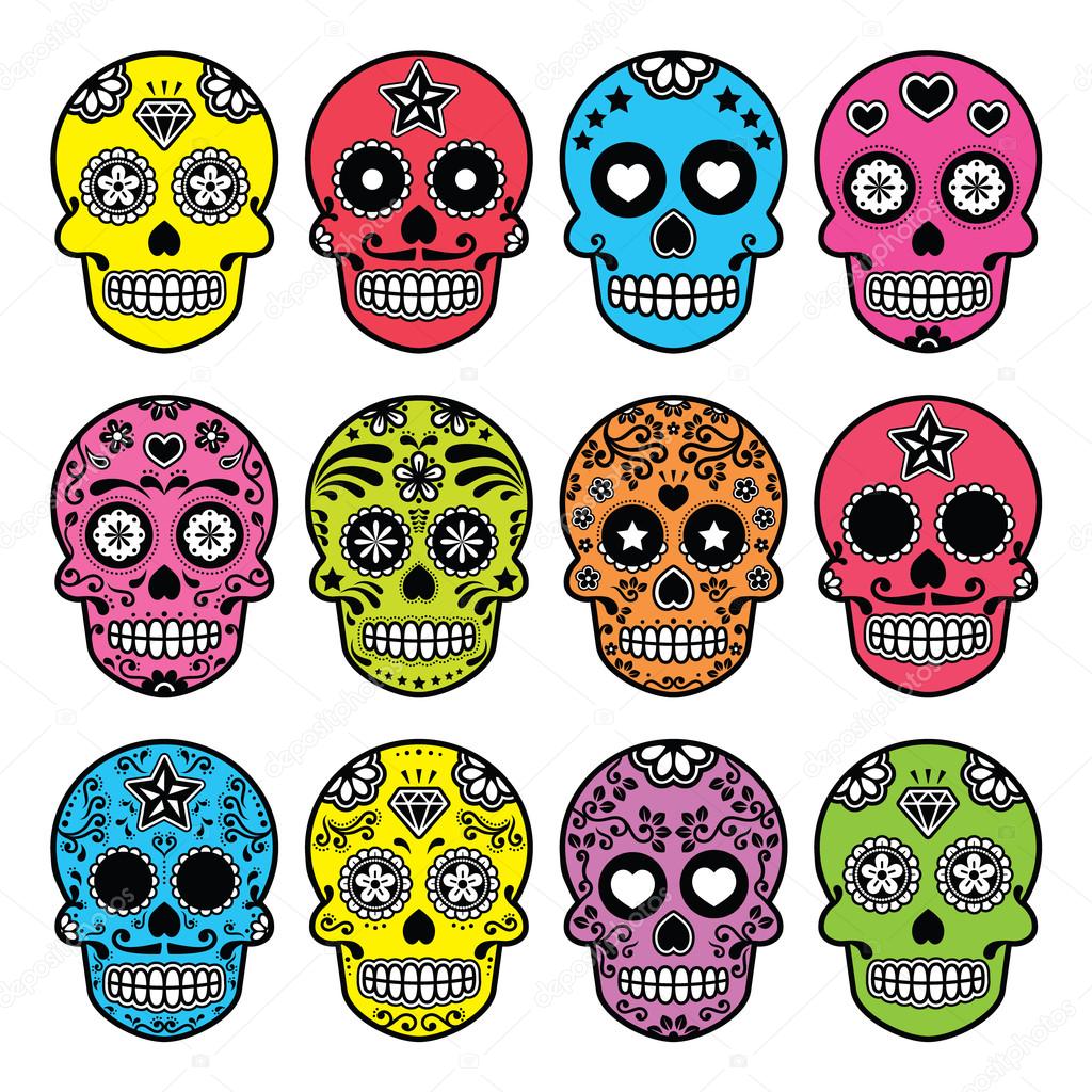Halloween Mexican sugar skull, Dia de los Muertos icons set