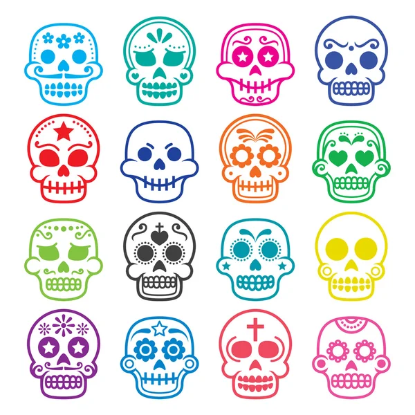 Halloween, Caveira de açúcar mexicano, Dia de los Muertos - ícones dos desenhos animados — Vetor de Stock