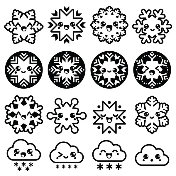 Kawaii sneeuwvlokken, wolken met sneeuw - Kerstmis, winter pictogrammen instellen — Stockvector