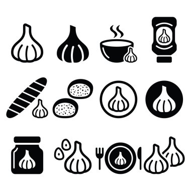 Sarımsak, gıda Icons set - sarımsak sosu, çorba ve ekmek vektör tasarımları