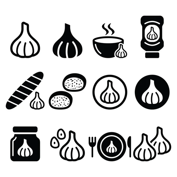 Garlic, food icons set - garlic sauce, soup and bread vector designs — Stock Vector