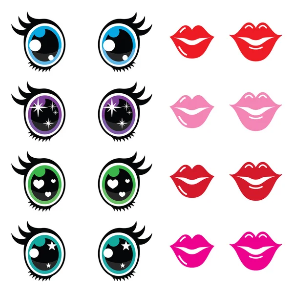 Kawaii lindos ojos y labios iconos conjunto, personaje de Kawaii — Vector de stock