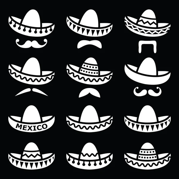 Sombrero mexicano con bigote o bigote iconos blancos sobre negro — Vector de stock