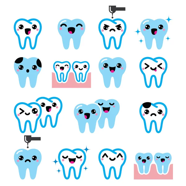 Kawaii Tooth, karakter gigi lucu ikon vektor ditetapkan - Stok Vektor