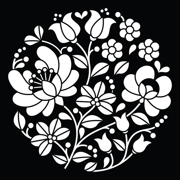 Kalocsai bordado blanco - Patrón húngaro redondo de arte folclórico floral en negro — Vector de stock