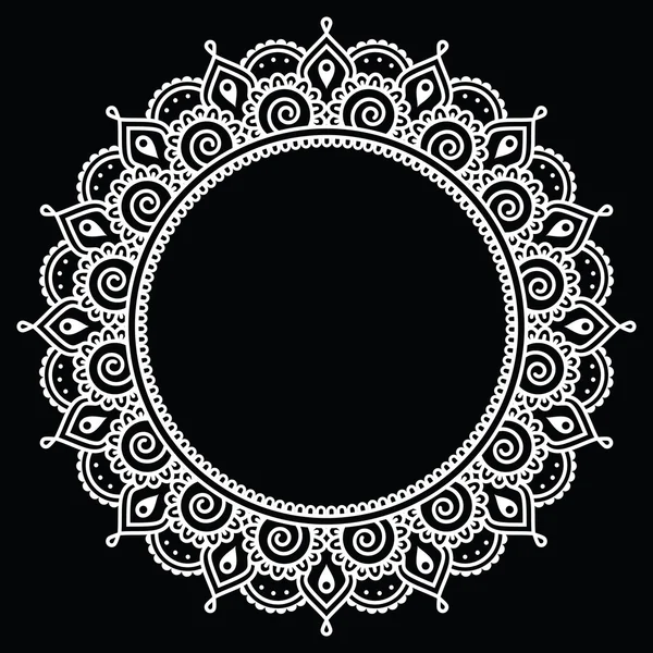 Mehndi, Indian Henna tattoo round white pattern on black — Stock Vector