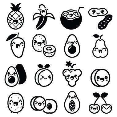 Kawaii meyve ve fındık Icons set
