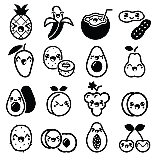 Kawaii vruchten en noten pictogrammen instellen — Stockvector