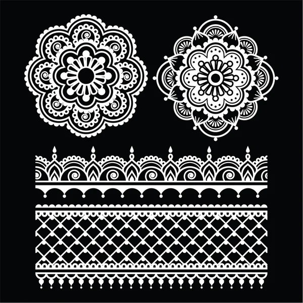 Mehndi, Indio Henna tatuaje blanco patrón sin costura en negro — Vector de stock