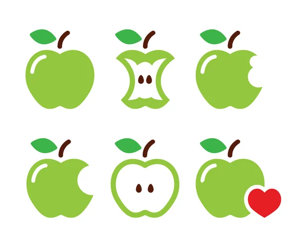 Manzana verde, núcleo de manzana, mordido, iconos de medio vector — Vector de stock