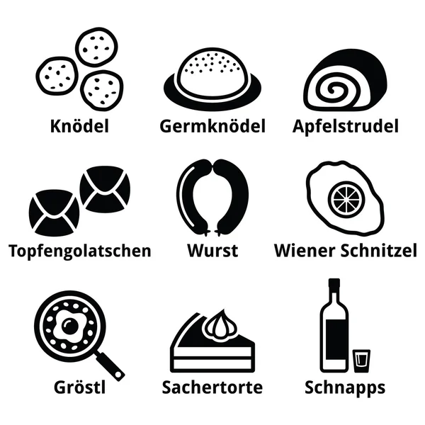 Austrian food - traditional meals an drink icons set — Stock Vector