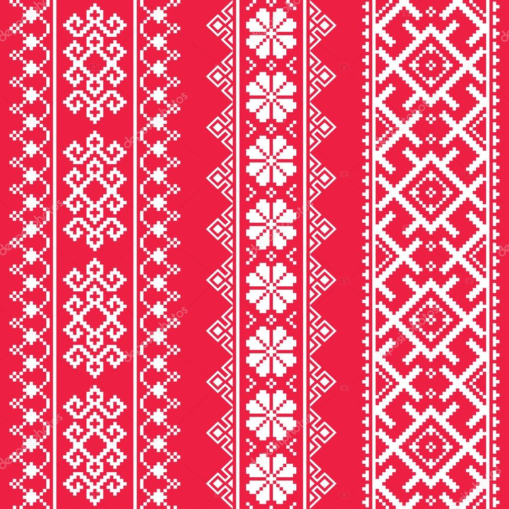 Ukrainian, Belarusian white embroidery seamless pattern on red - Vyshyvanka