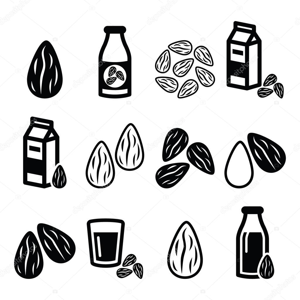 Almonds, almond milk vector icons set