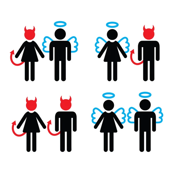 Couples devil and angel man and woman icons set — Stock Vector