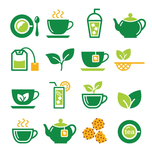 Conjunto de iconos de vectores de té verde y té helado — Vector de stock