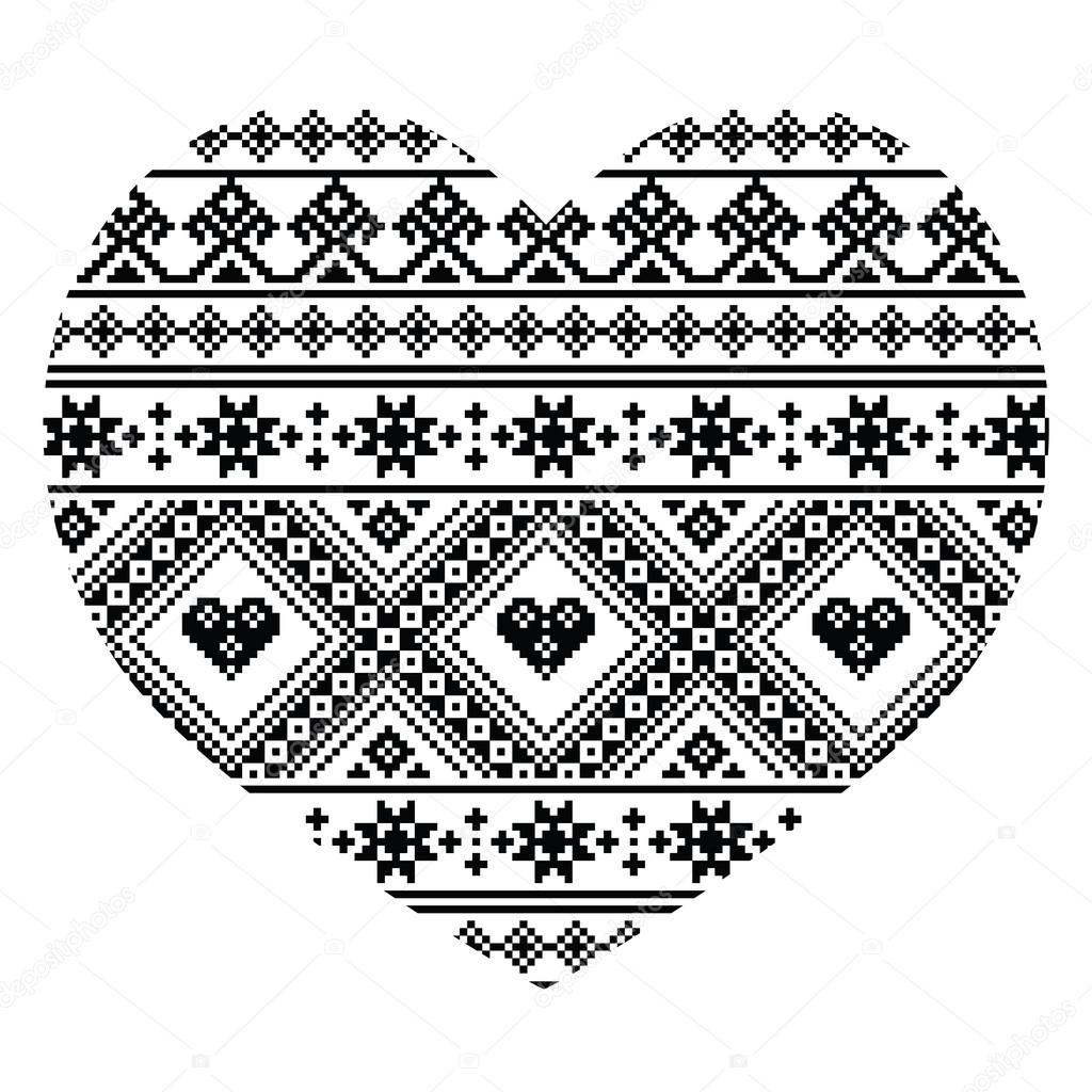 Traditional black Ukrainian or Belarusian folk art heart pattern - Valentine's Day