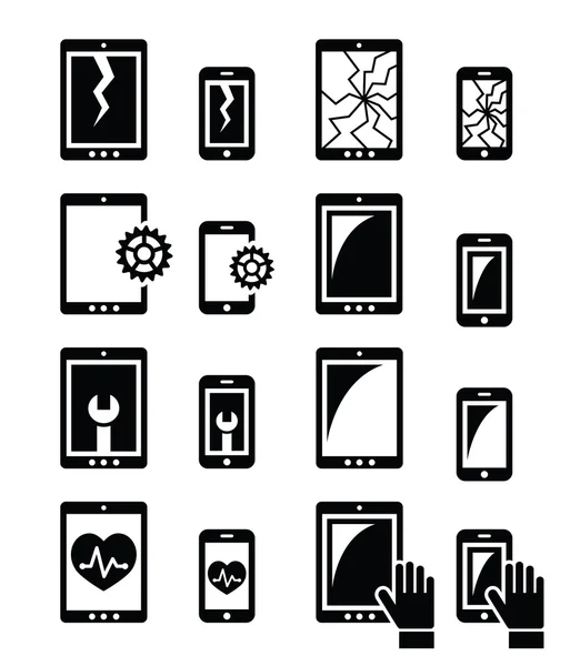 Smartphone, Tablet reparieren - kaputte Bildschirm-Symbole gesetzt — Stockvektor