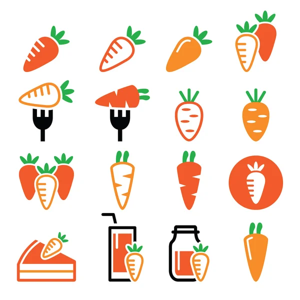 Carota, pasti di carote - torta, succo di icone vettoriali set — Vettoriale Stock