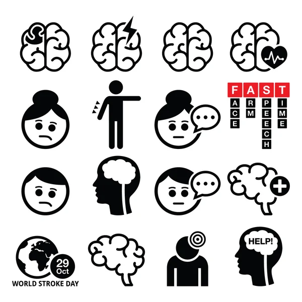 Iconos de accidente cerebrovascular: lesión cerebral, concepto de daño cerebral — Vector de stock