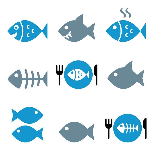 Peixe, peixe no prato, ícones do vetor esqueleto — Vetor de Stock